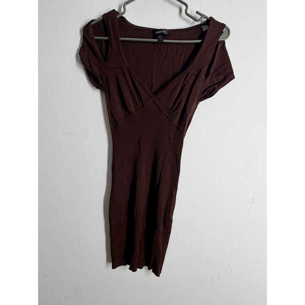Bebe Brown Knit Mini Dress Short Sleeve Cold Shoulder V-Neck Ribbed Y2K Medium